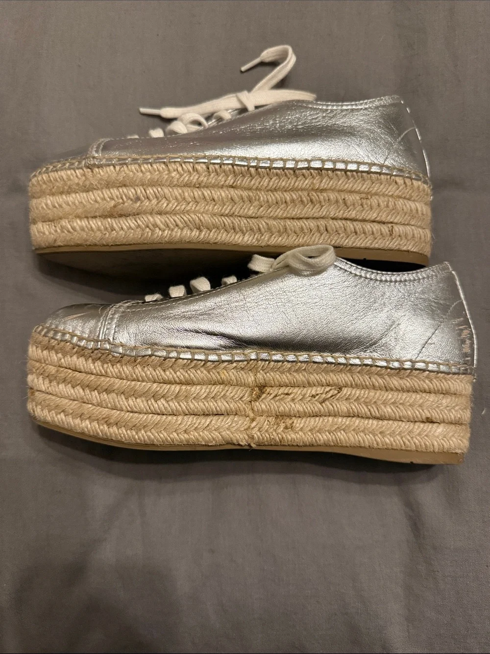 Miu Miu Silver Metallic Lace-Up Espadrille Platform Sneakers